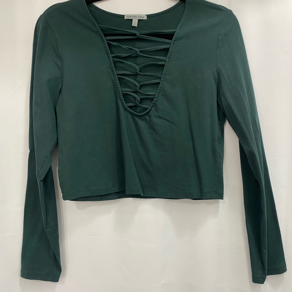 Charlotte Russe Green Crop Top with Laced Neckline and Long Sleeves